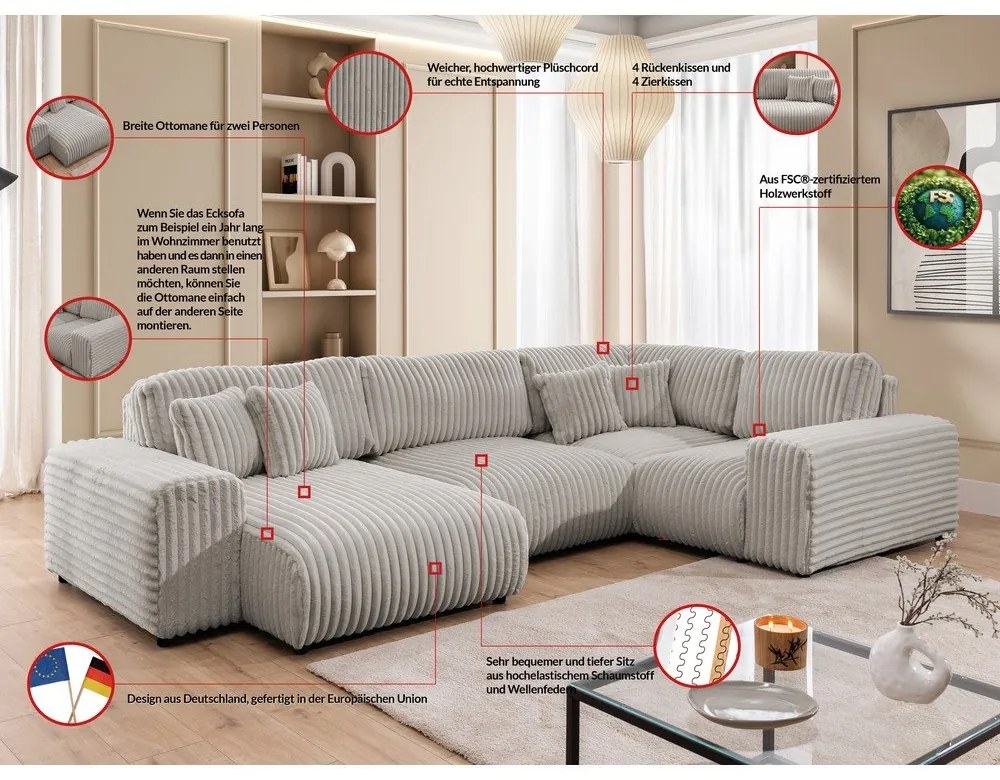 Svetlosivá menčestrová rohová pohovka (pravý roh/do tvaru "U") Justin – Ropez