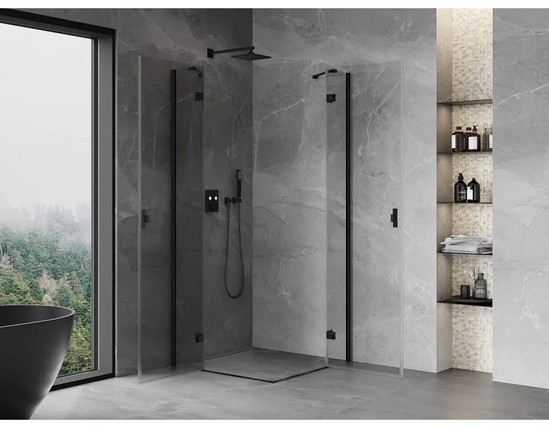 Mexen Mist-H Duo, 2-krídlový výklopný sprchový kút 95 x 95 cm, číre sklo, čierny profil, 8A5-095L-095P-70-00