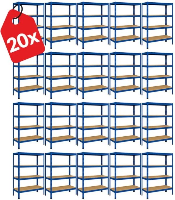 Akcia 20x Regál 150x70x30 cm lakovaný 4-policový, nosnosť 700 kg - modrý