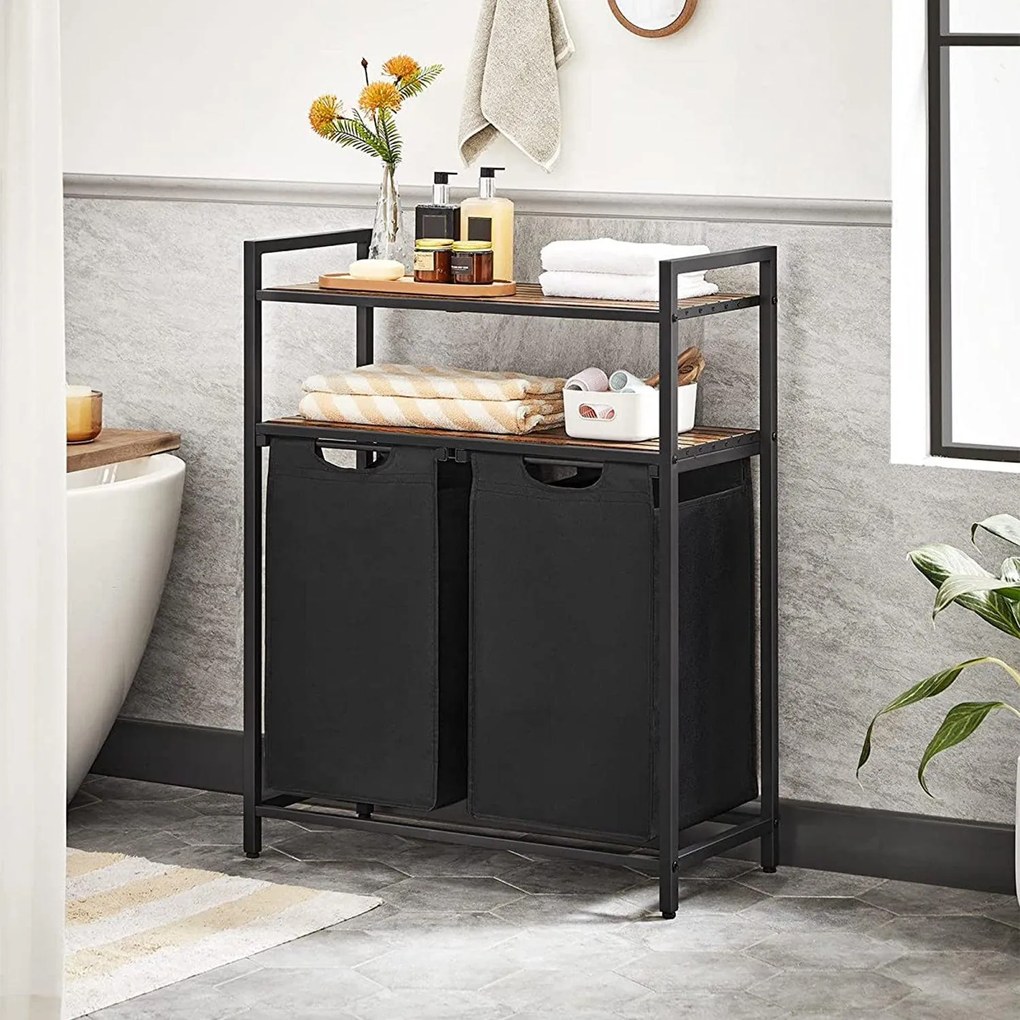 Kôš na bielizeň, s 2 vyťahovacími a odnímateľnými vakmi 2x46 L, rustikálne hnedý a čierny