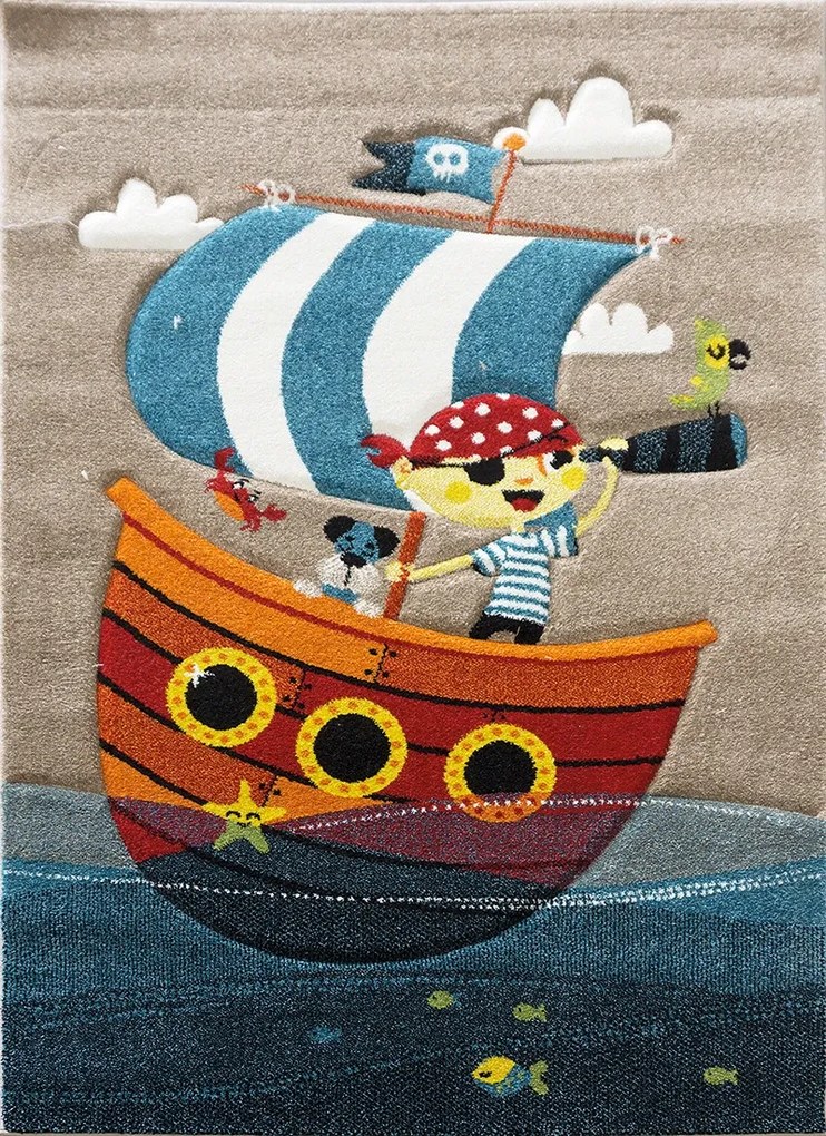 BE Detský koberec Smart Kids 22766 BLUE – modrý obdĺžnikový, pirát na lodi Rozmer: 160x230 cm