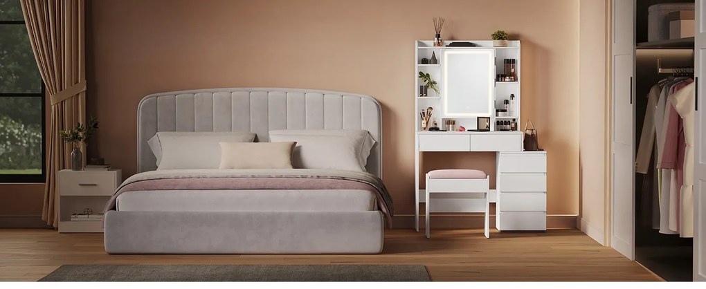 Toaletní stolek Vasagle Ginny 117 cm s LED osvětlením bílý
