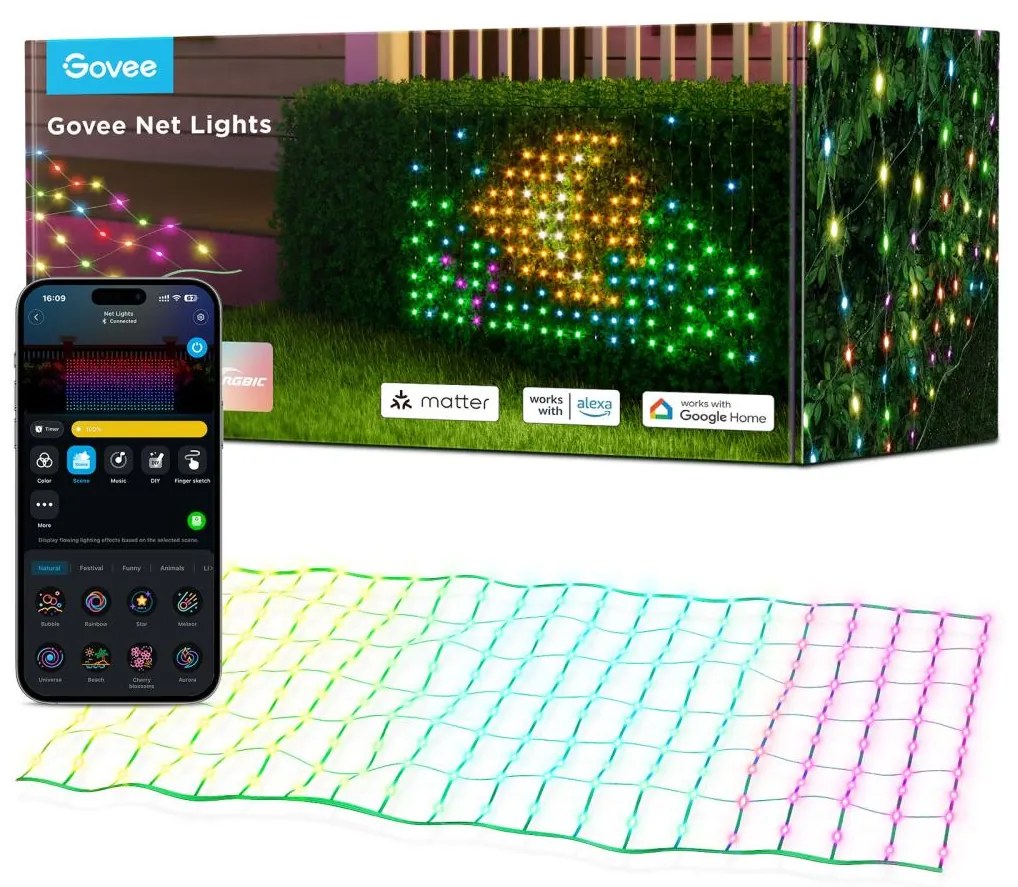 Govee - LED RGBIC Vonkajšia svetelná sieť 143x85cm Wi-Fi Matter IP65