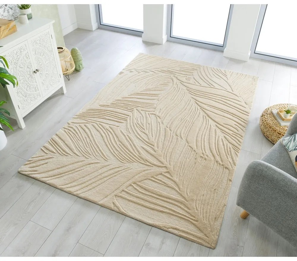 Béžový vlnený koberec Flair Rugs Lino Leaf, 160 x 230 cm