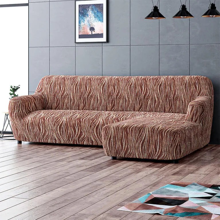 Bielastické poťahy UNIVERSO NOVÉ žíhané hnedé sedačka s otomanom vpravo (š. 170 - 300 cm)