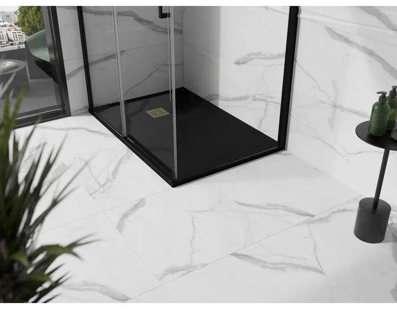 Mexen Stone+, obdĺžniková vanička z minerálneho kompozitu 100 x 80 cm, čierna, zlatá lesklá krytka, 44708010-G