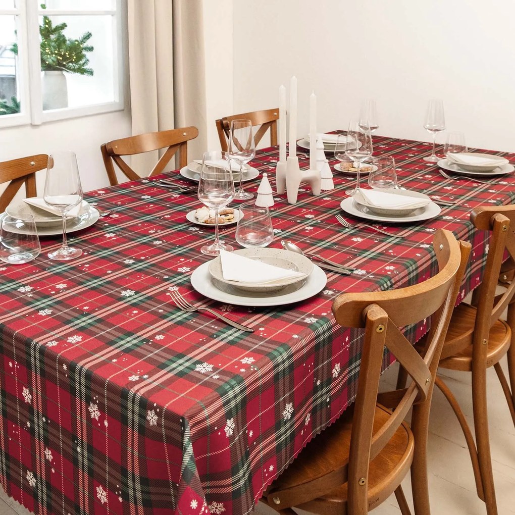 Goldea vianočný hranatý teflónový obrus - červené káro s vločkami 120 x 160 cm