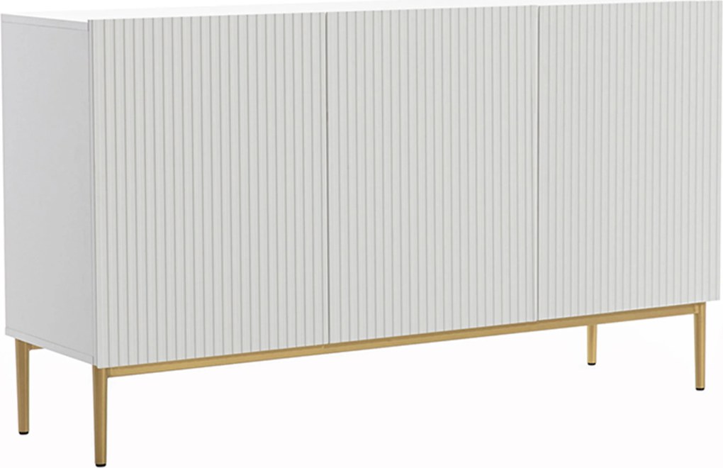 Biela komoda Nicole 150 cm s trojdverovým ryhovaným čelom - matná biela / zlaté nožičky