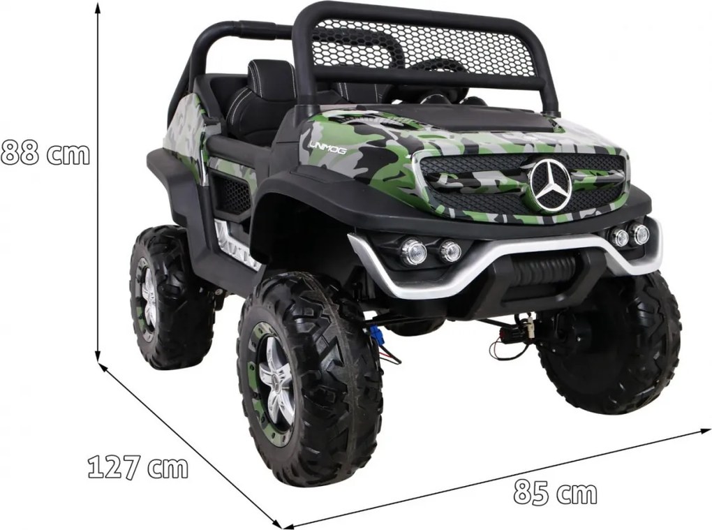 Ramiz Mercedes Benz Unimog pre deti farba Moro + 4x4 + diaľkové ovládanie + nosič batožiny + bezplatné štartovanie + rádio MP3 + LED
