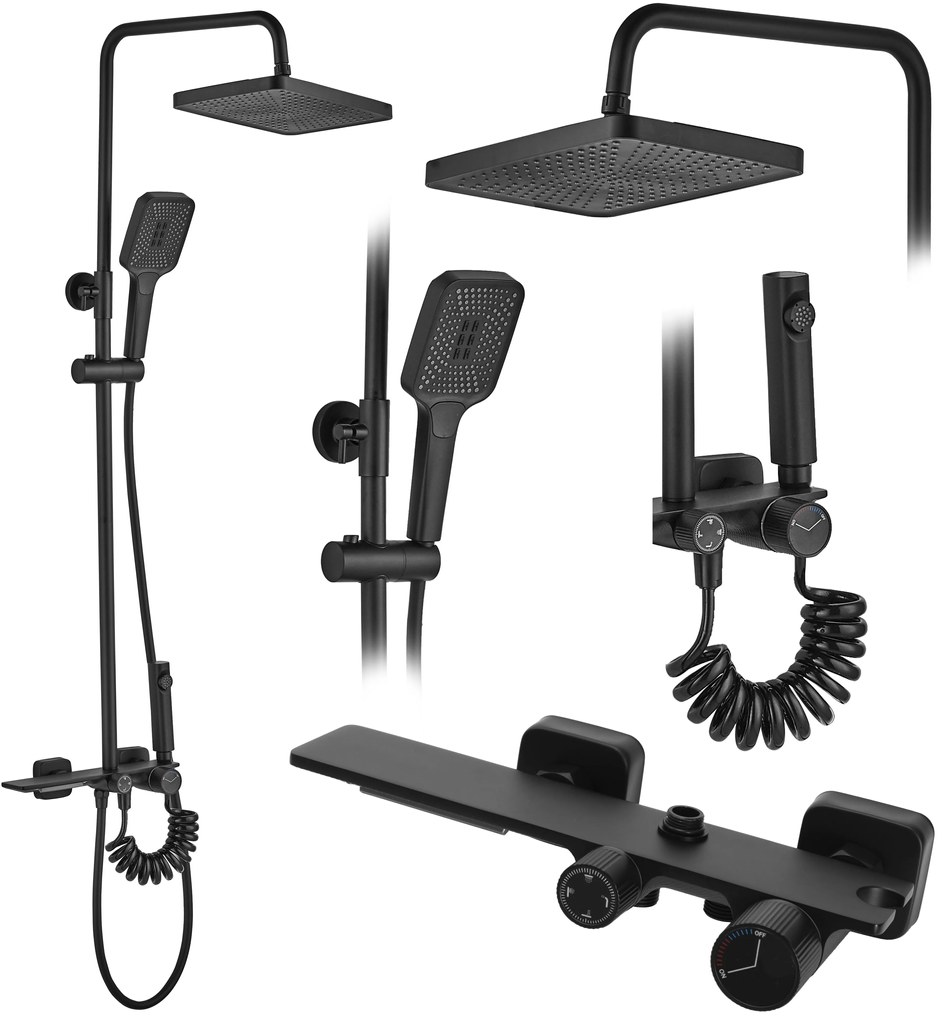 Rea Helix, nástenný sprchový set s termostatickou batériou a bidetovou spŕškou, čierna matná, REA-P6618