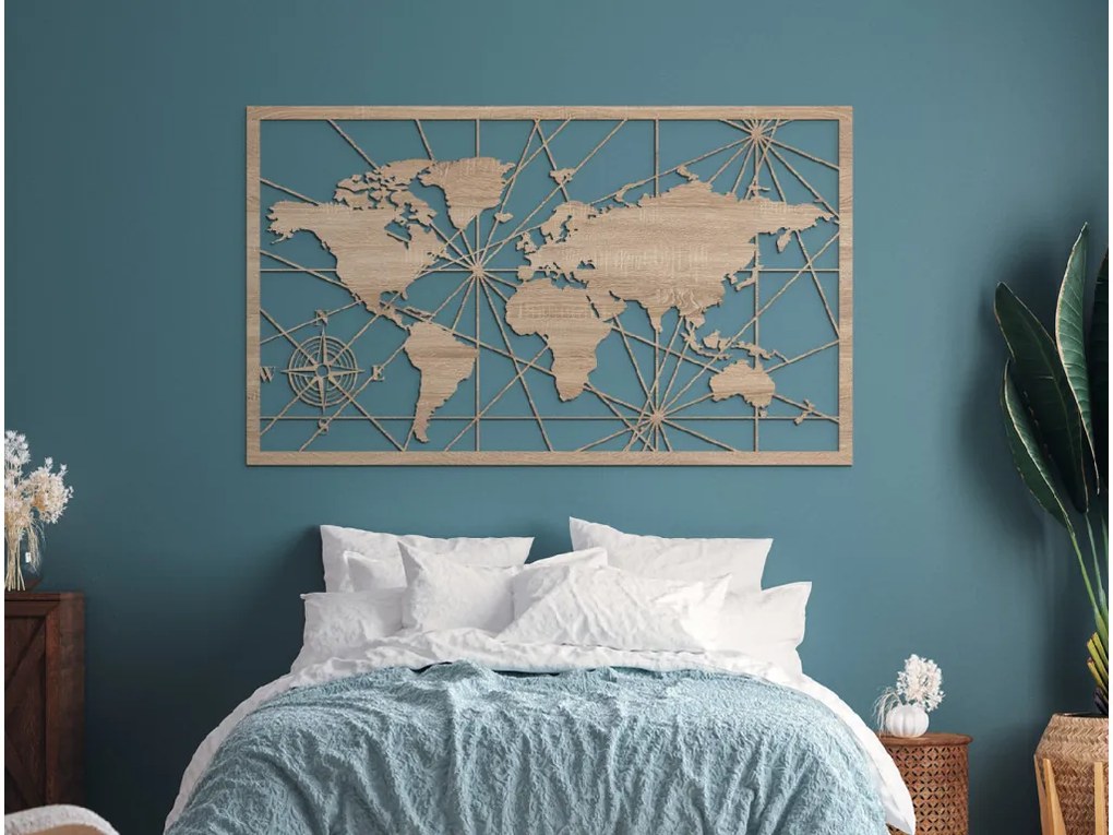 drevko Obraz Mapa sveta s kompasom na stenu Rozmer obrazu: 38,5 x 65 cm, Farba dekorácie: Čierna