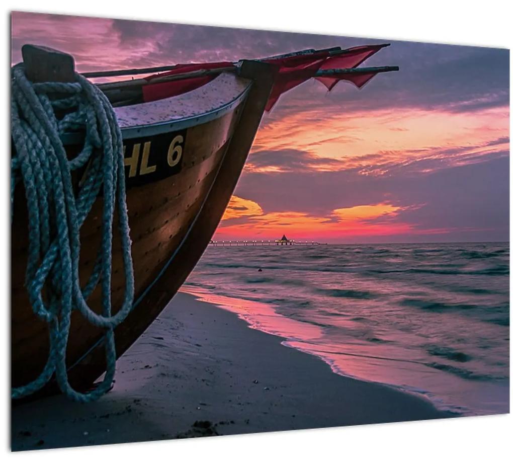 Sklenený obraz loďky na brehu (70x50 cm)