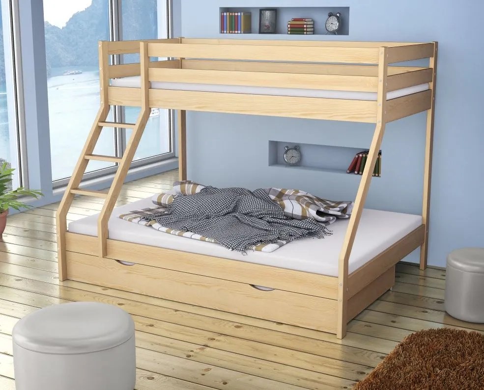 Poschodová posteľ z masívu DENIS vr. oboch roštov - 200x90/140 cm - prírodné