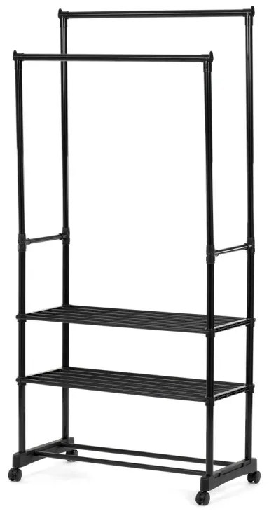 Stojan na šaty dvouramenný se třemi policemi, černá barva, kov / plast, chrom