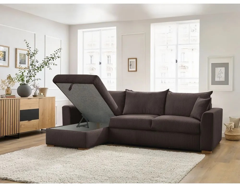 Hnedá menčestrová rozkladacia rohová pohovka (variabilná) Augustin – Bobochic Paris