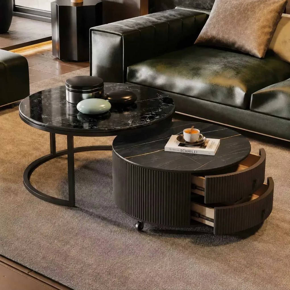 LuxuryForm DESIGN Konferenčný stolík ROYAL 80 / 60 cm – tmavý mramorový dekor (set 2 ks)