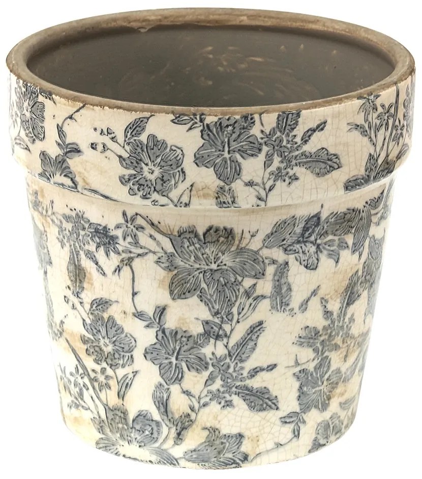 Keramický obal na kvetináč so šedými kvetmi Mell French - Ø 16*15 cm