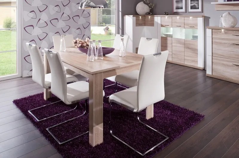 Široká vitrína Caracas typ 22, dub/biely lesk, s osvetlením