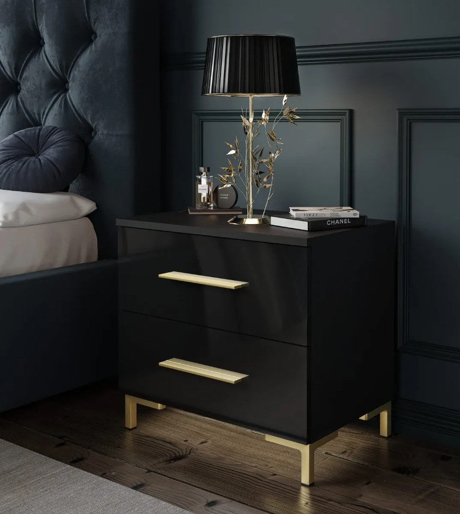 NOČNÝ STOLÍK MARION V LED ČIERNY LESK + ZLATÉ NOŽIČKY