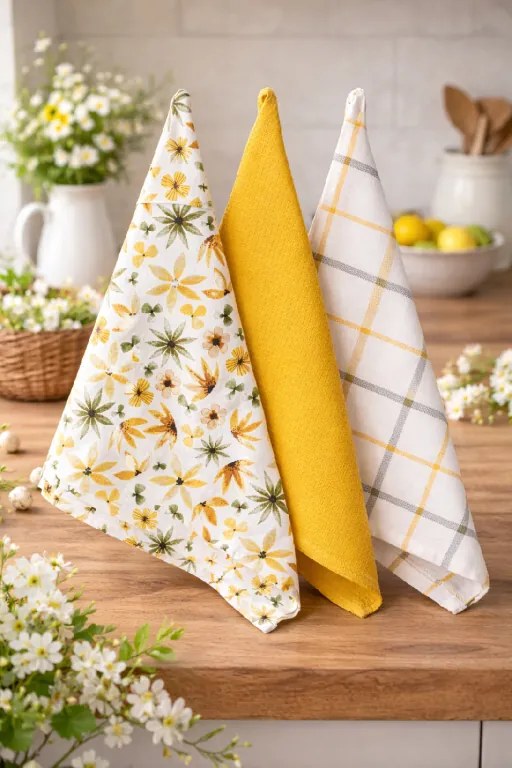 Kuchynské utierky Žlté a olivové kvety bavlnené 45x70 cm set 3 ks