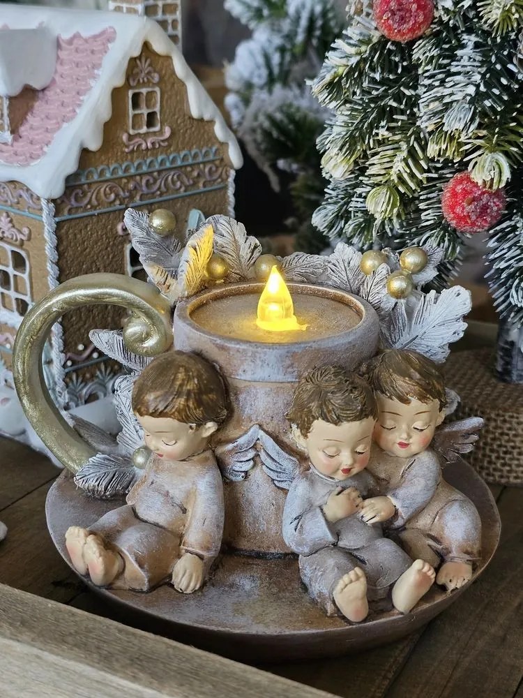 Vianočné dekorácie svietnik s anjelikmi a ľad svetielkom Angel - 14*13*10 cm
