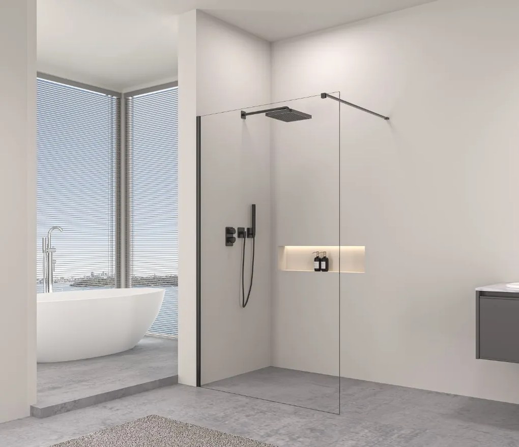 Erga Paris, sprchová zástena Walk-In 130x200 cm, 8mm číre sklo, čierny profil, ERG-V02-PARIS-130x200-CL-BK