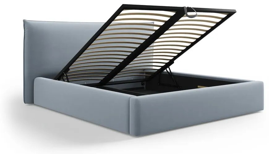 Svetlomodrá čalúnená dvojlôžková posteľ s úložným priestorom a roštom 180x200 cm Elio – Milo Casa