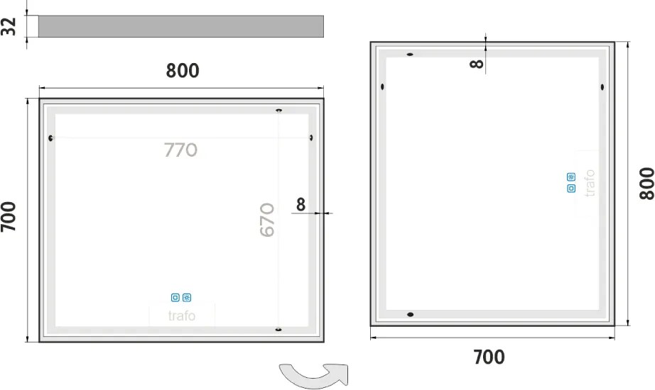 Nimco LED zrkadlo 80 x 70, dotykový senzor OBDĹŽNIKOVÁ - OSTRÉ ROHY - ZP 13003VX