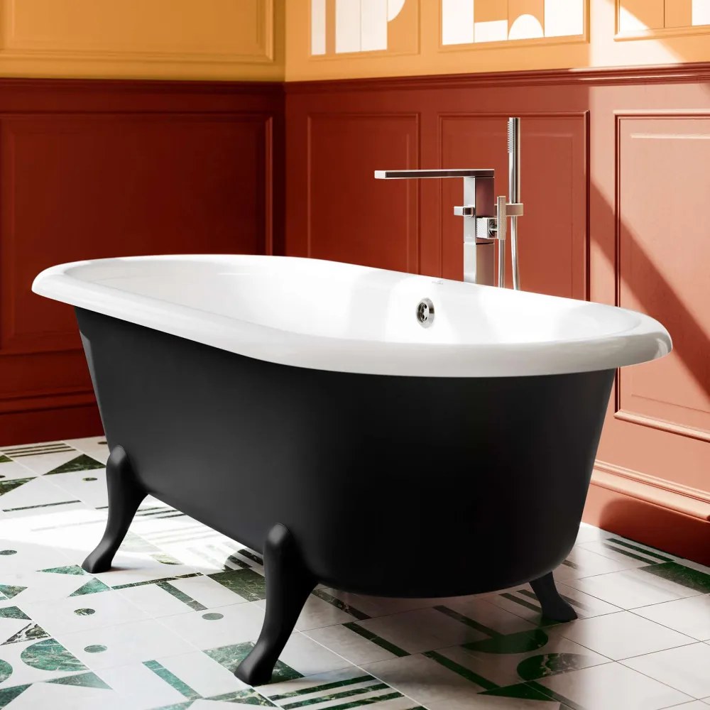 VILLEROY &amp; BOCH Hommage voľne stojaca vaňa z materiálu Quaryl, odtok v strede, 1771 x 771 x 615 mm, Pure Black, biela alpská, UBQ180HOM7WR7V-01