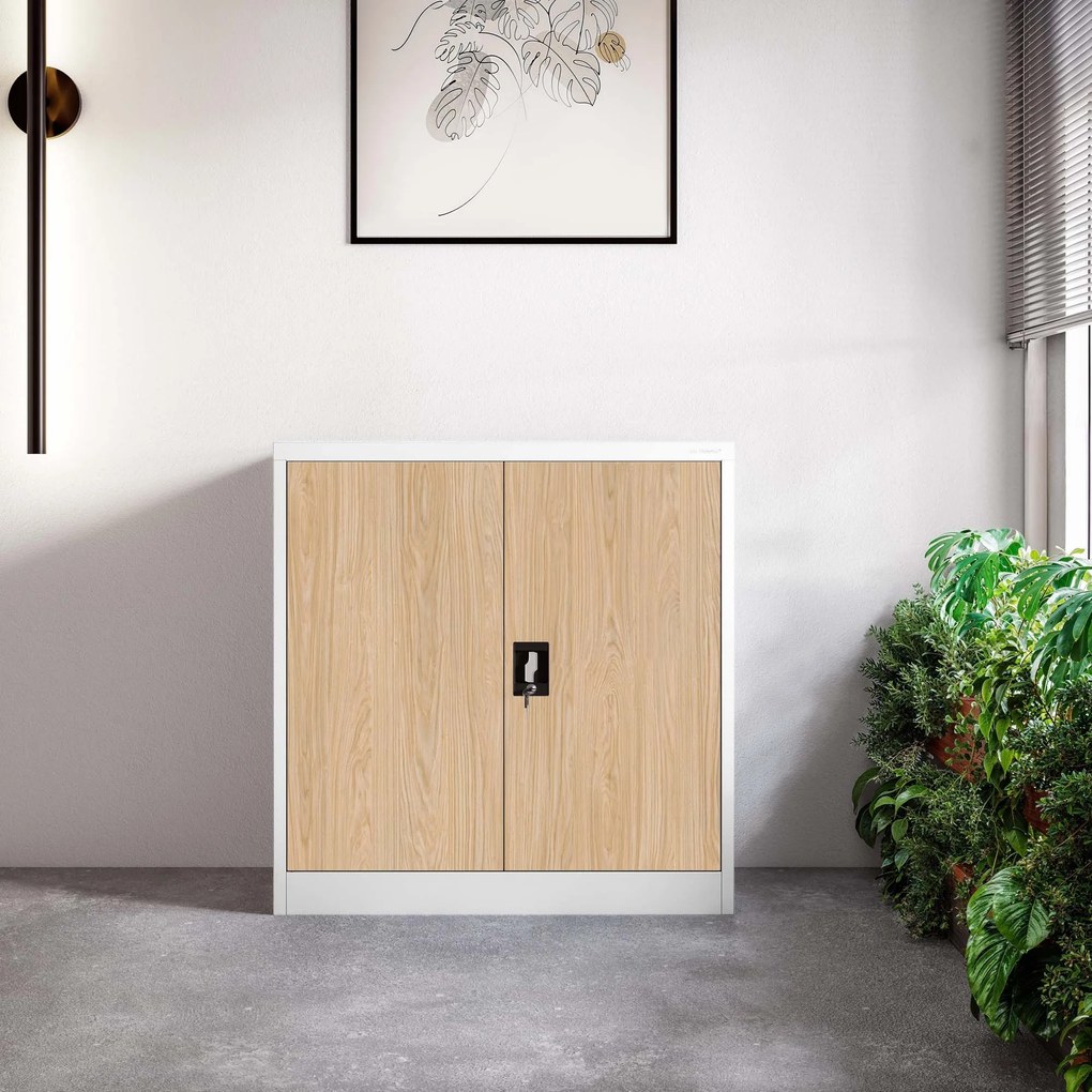 Kovová spisová skrinka BEATA, 900 x 930 x 400 mm, Eco Design: biela/ dub sonoma