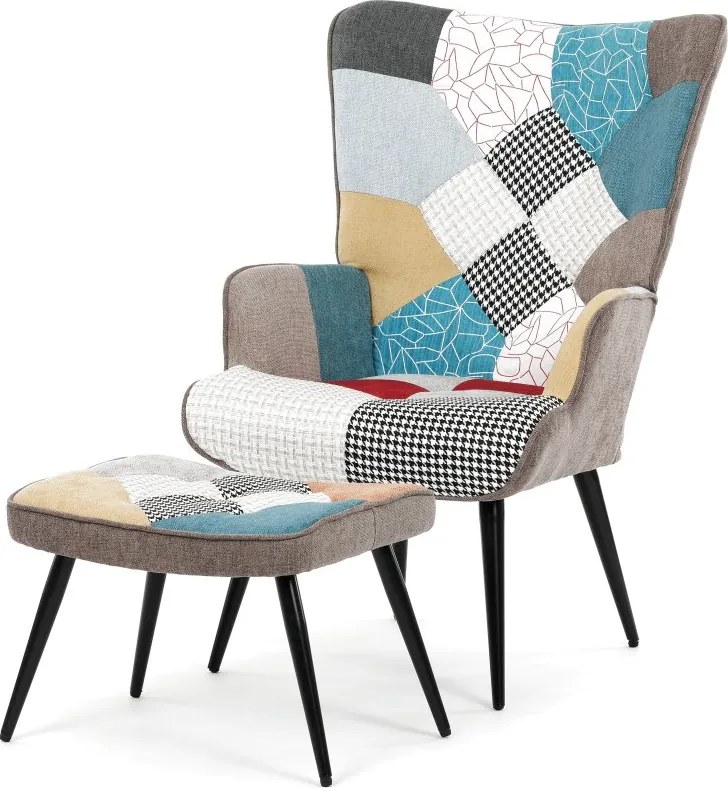 Relaxačné kreslo ušiak s taburetom ROYAL II — kov, vodeodolná látka, patchwork