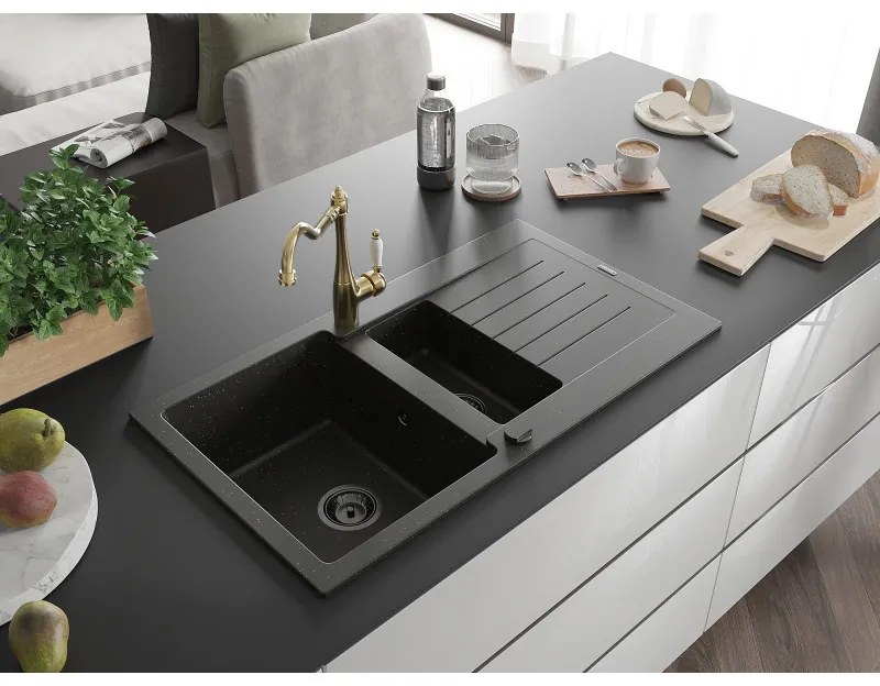 Mexen Matias, granitový drez 900x505x200 mm, 1,5-komorový a drezová batéria Carla, čierna-zlatá metalíza, 6502-75-670700-50-B