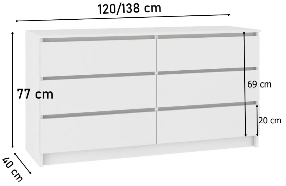 Komoda K160 6SZ, biela, 160x77x40