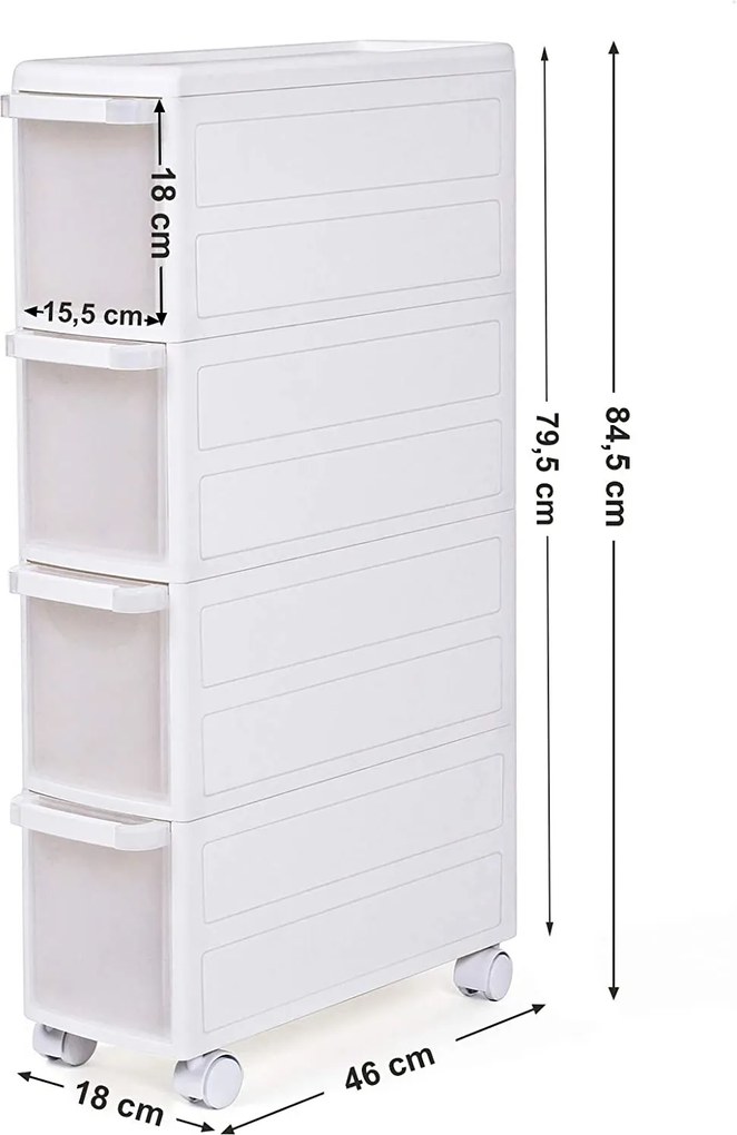 SONGMICS Pojazdný regál 4 boxy biely plast 18 x 84 x 46 cm