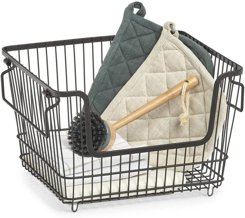 Zeller Present Stohovateľný kovový kôš, organizér s rúčkami, čierny BASKET, 33x27x21,5 cm