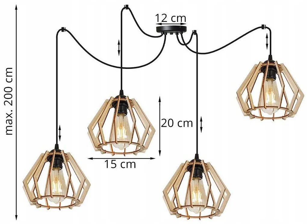Závesné svietidlo Timber, 4x drevené tienidlo
