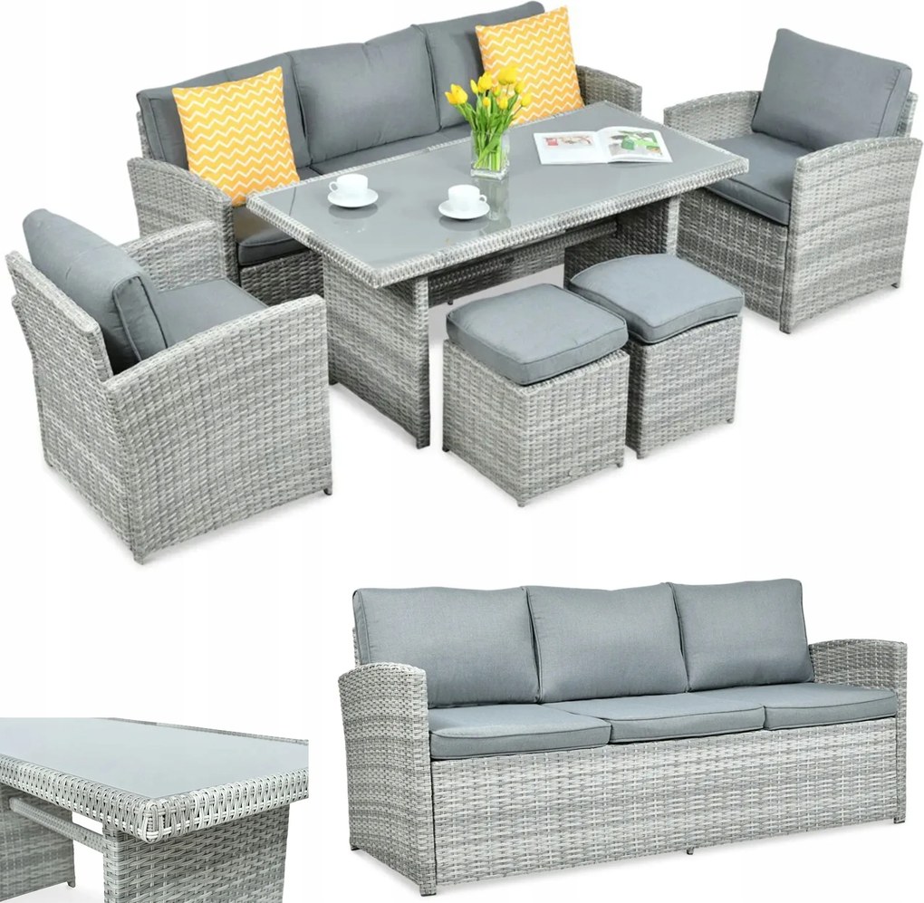 Sada záhradného sedacieho nábytku Technorattan Borneo Pufy Stôl Šedá