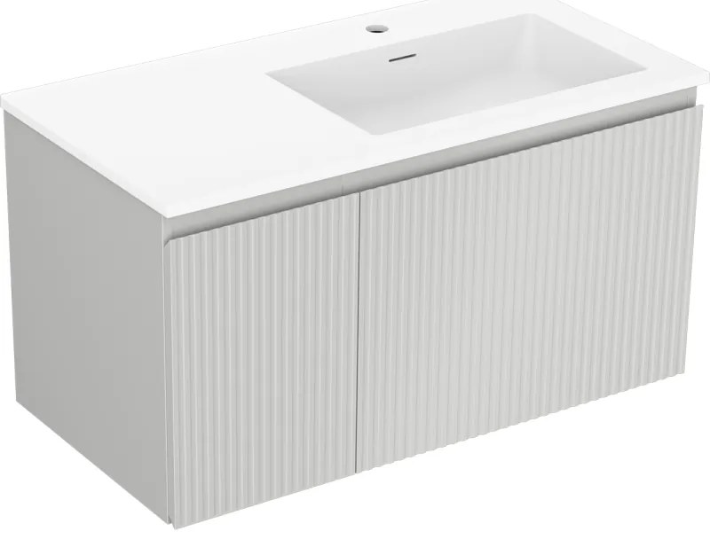 Mexen Rivel, kúpeľňová skrinka 90 cm s pravým umývadlom Otis, 1S, 1D, drážkovaná, sivá matná/biela matná - 91A23-09047-3-BBFF62-W18P01