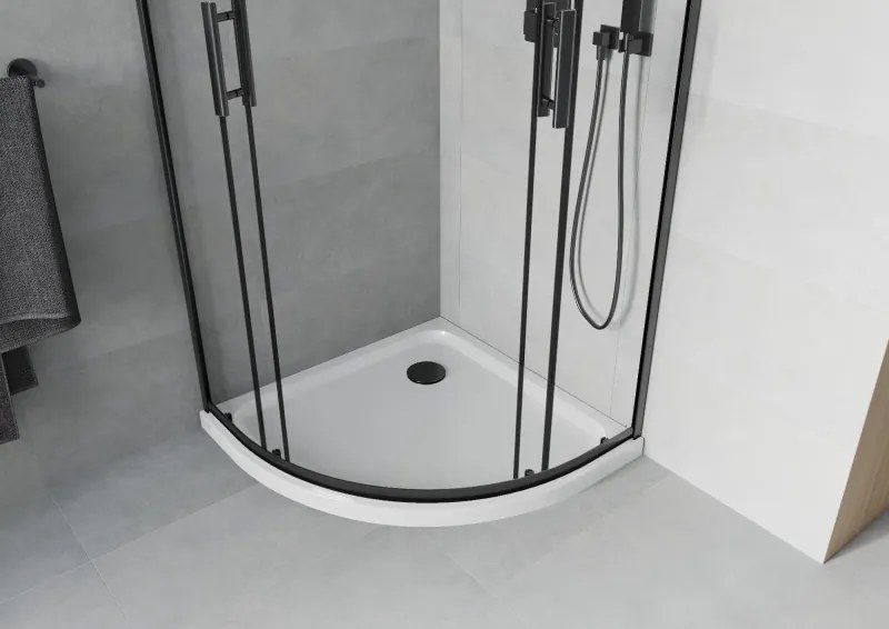 Mexen Rio, štvrťkruhový sprchový kút 90 x 90 cm, 6mm číre sklo, čierny profil + biela sprchová vanička, 863-090-090-70-00-4110B