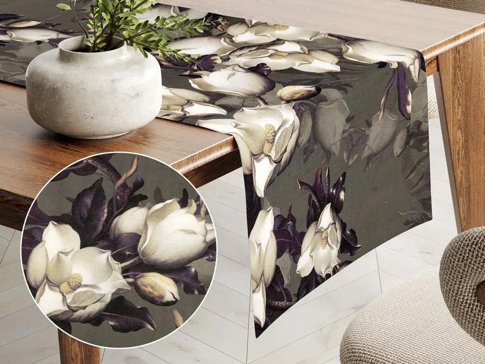 Biante Zamatový behúň na stôl Tamara TMR-034 Kvety gardénie na hnedosivom 35x120 cm