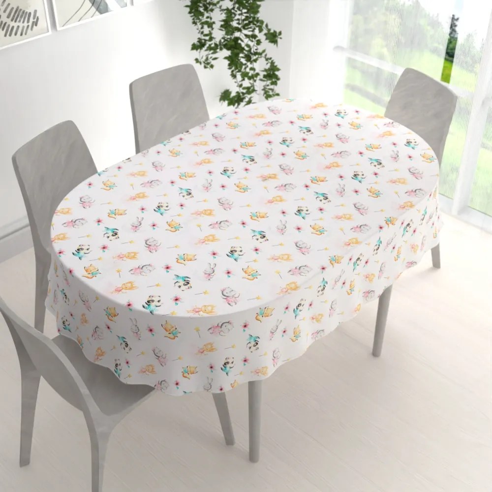 Biante Detský bavlnený oválny obrus Sandra SA-671 Zvieratká baletky na bielom 50x100 cm