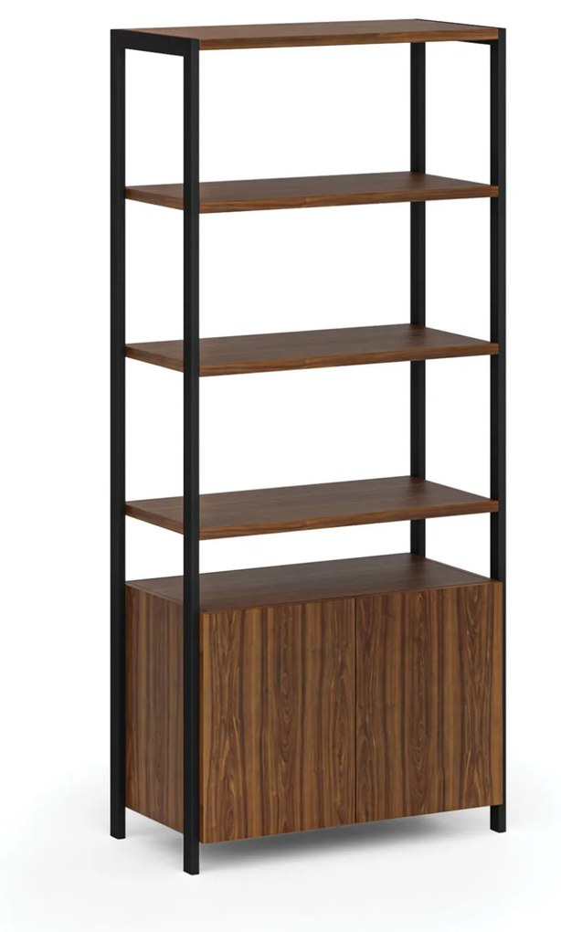 Policová stena HOME OFFICE so skrinkou s dvierkami, čierna/orech