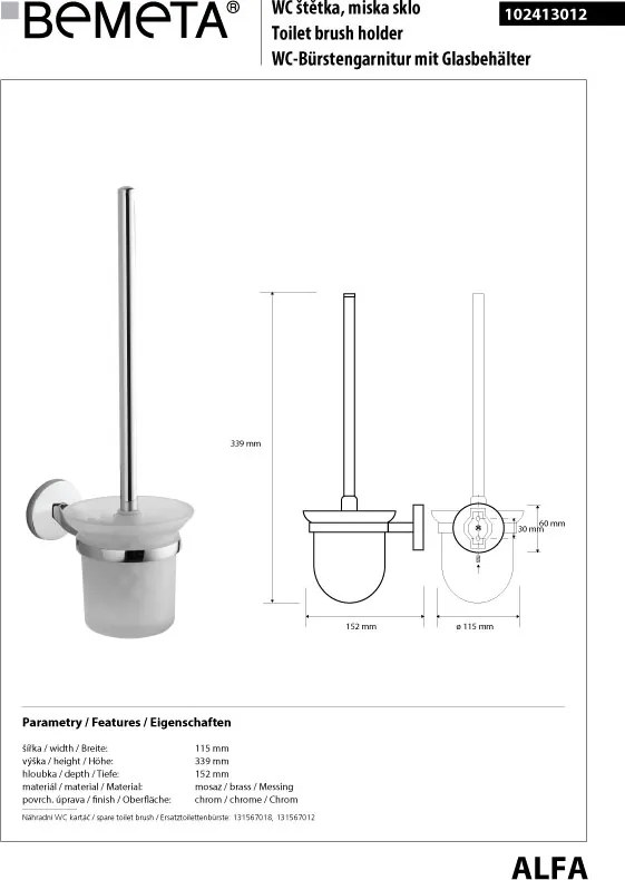 Bemeta Design ALFA: WC kefa, na zavesenie, sklo - 102413012