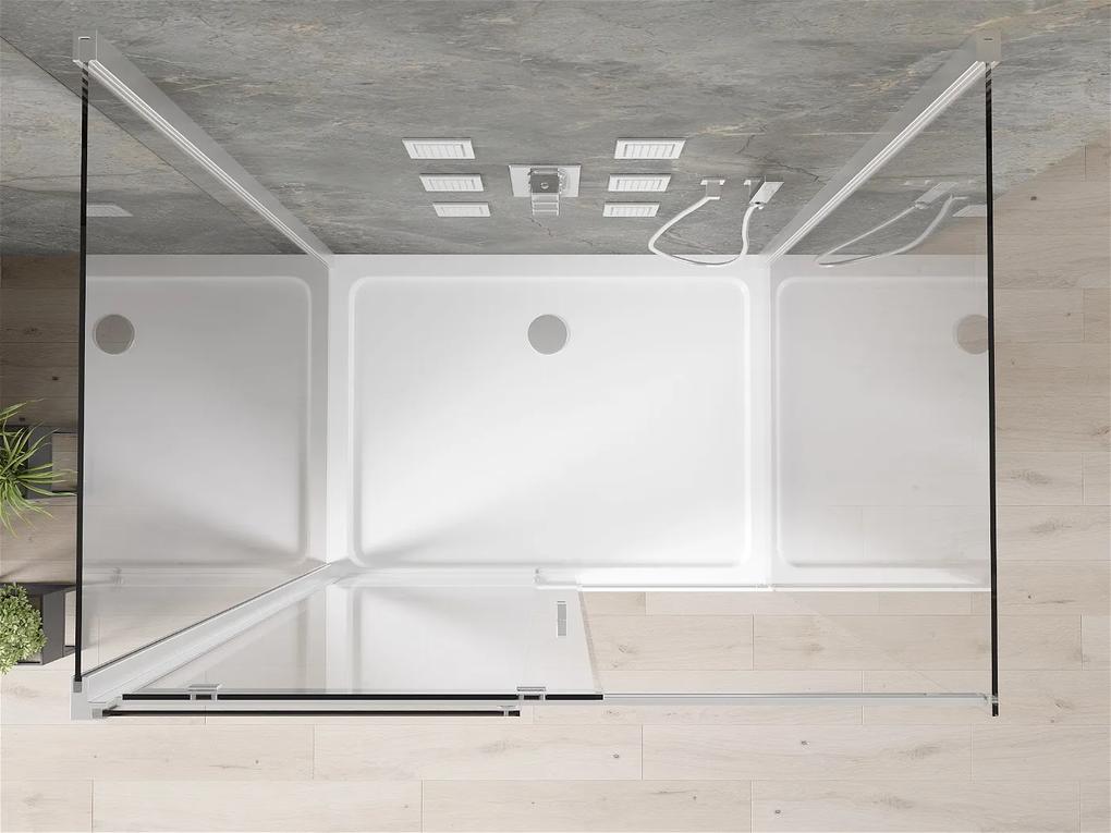 Mexen Omega, 3-stenový sprchovací kút s posuvnými dverami 110 (dvere) x 100 (stena) x 190 cm, 8mm číre sklo, chrómový profil + biela sprchová vanička SLIM, 825-110-100-01-00-3S-4010