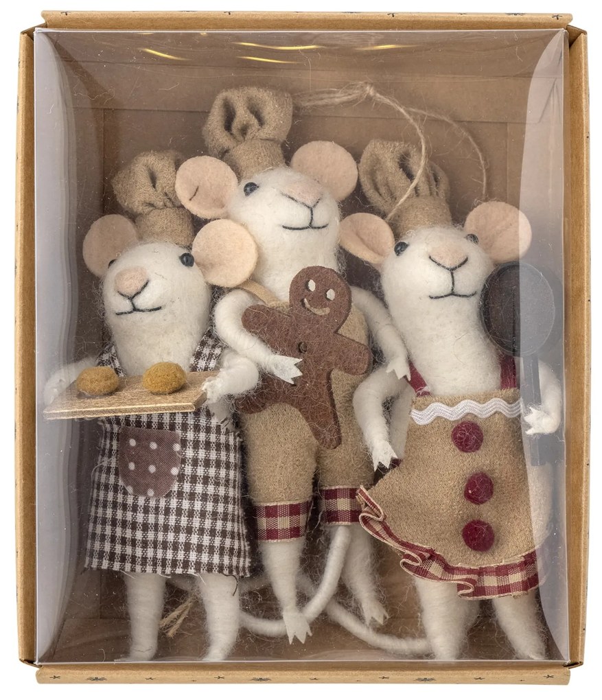Bloomingville Vianočná ozdoba Myšky Peo Brown Wool - set 3 ks