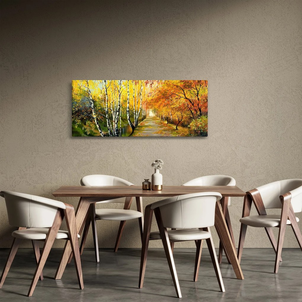 Obraz - Romantická alej pozdĺž vody, olejomaľba (120x50 cm)