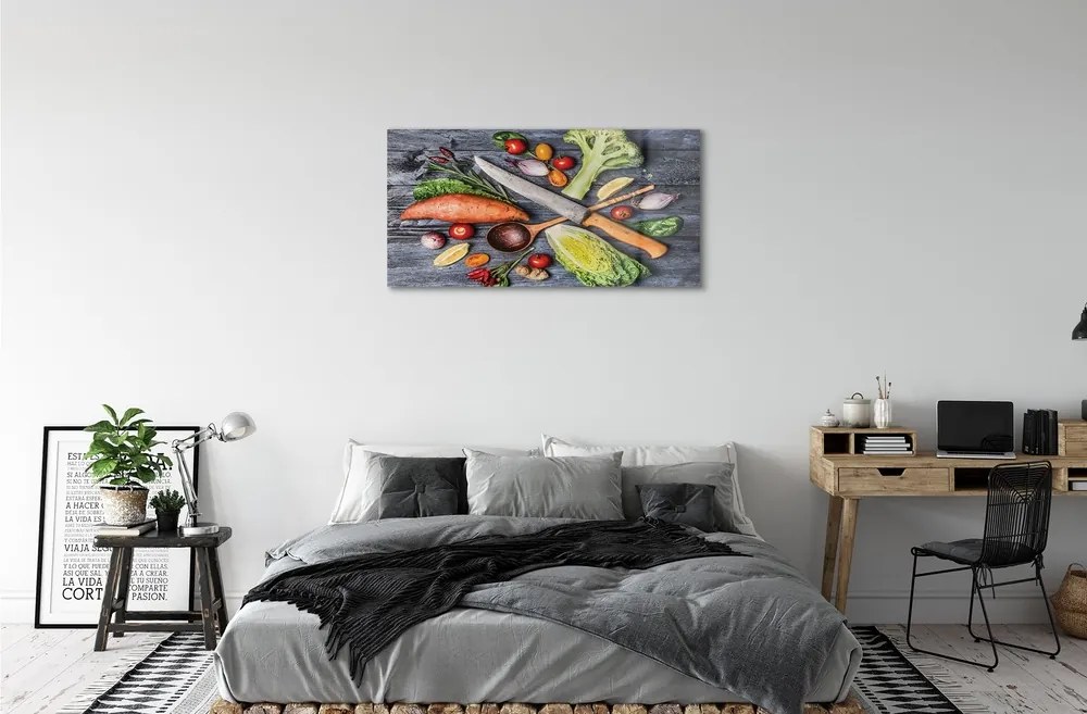 Obraz na skle Nôž vlákna priadze špenát paradajky 120x60 cm