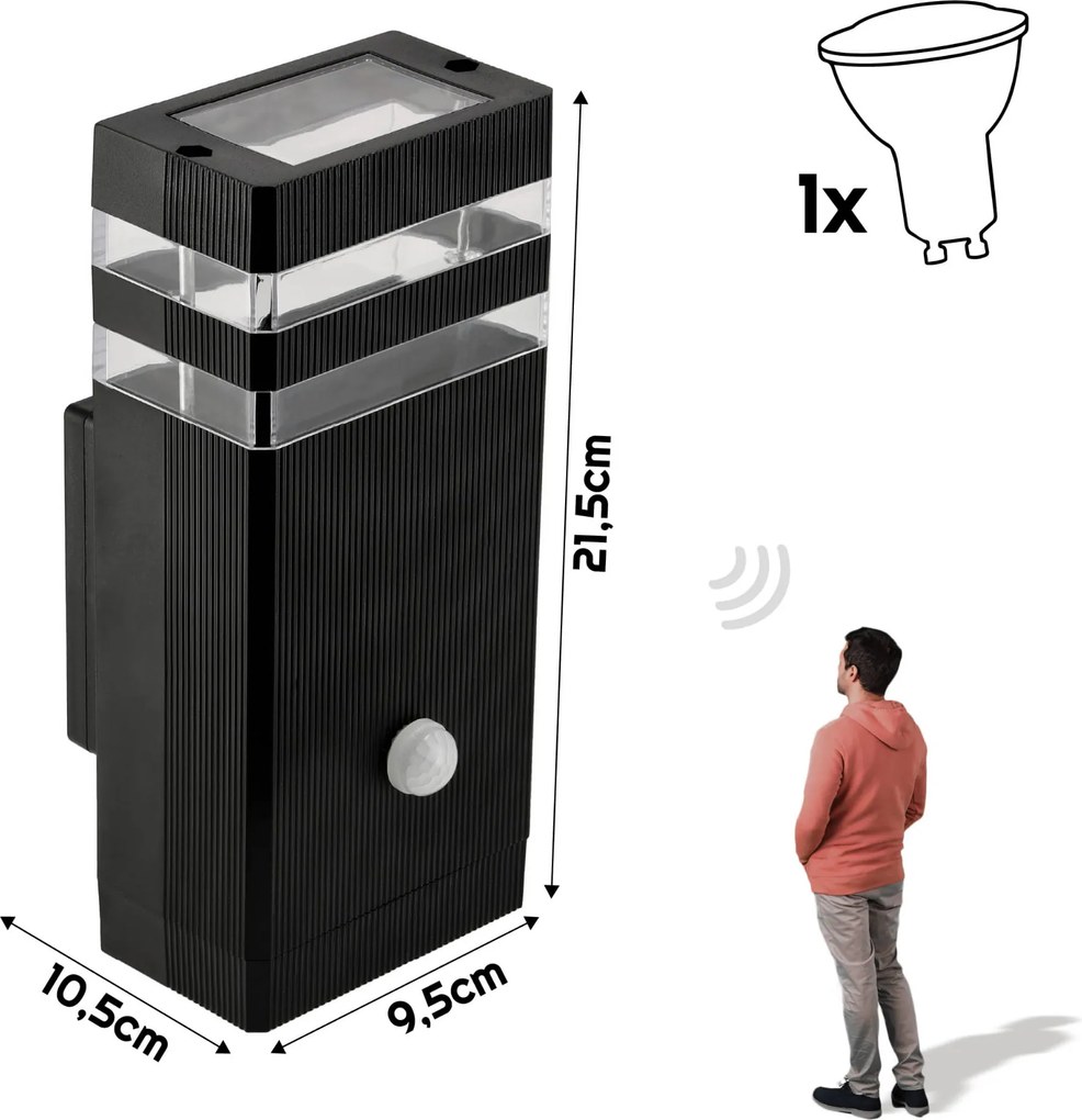 BERGE LED fasádne svietidlo 1xGU10 IP44 čierne so čidlom