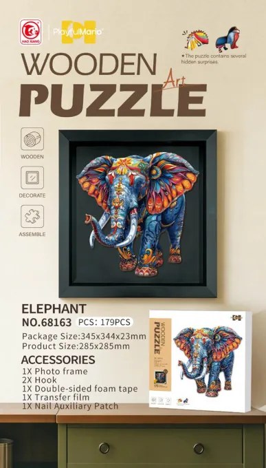 Drevené puzzle Slon s rámikom - 179 dielikov