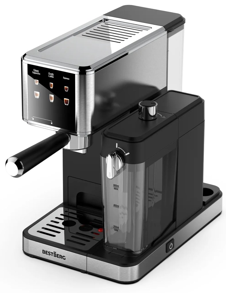 Pákový kávovar s napeňovačom mlieka BestBerg BBCF-2032 / 1350 W / 1,2 l / 20 bar / strieborná/čierna